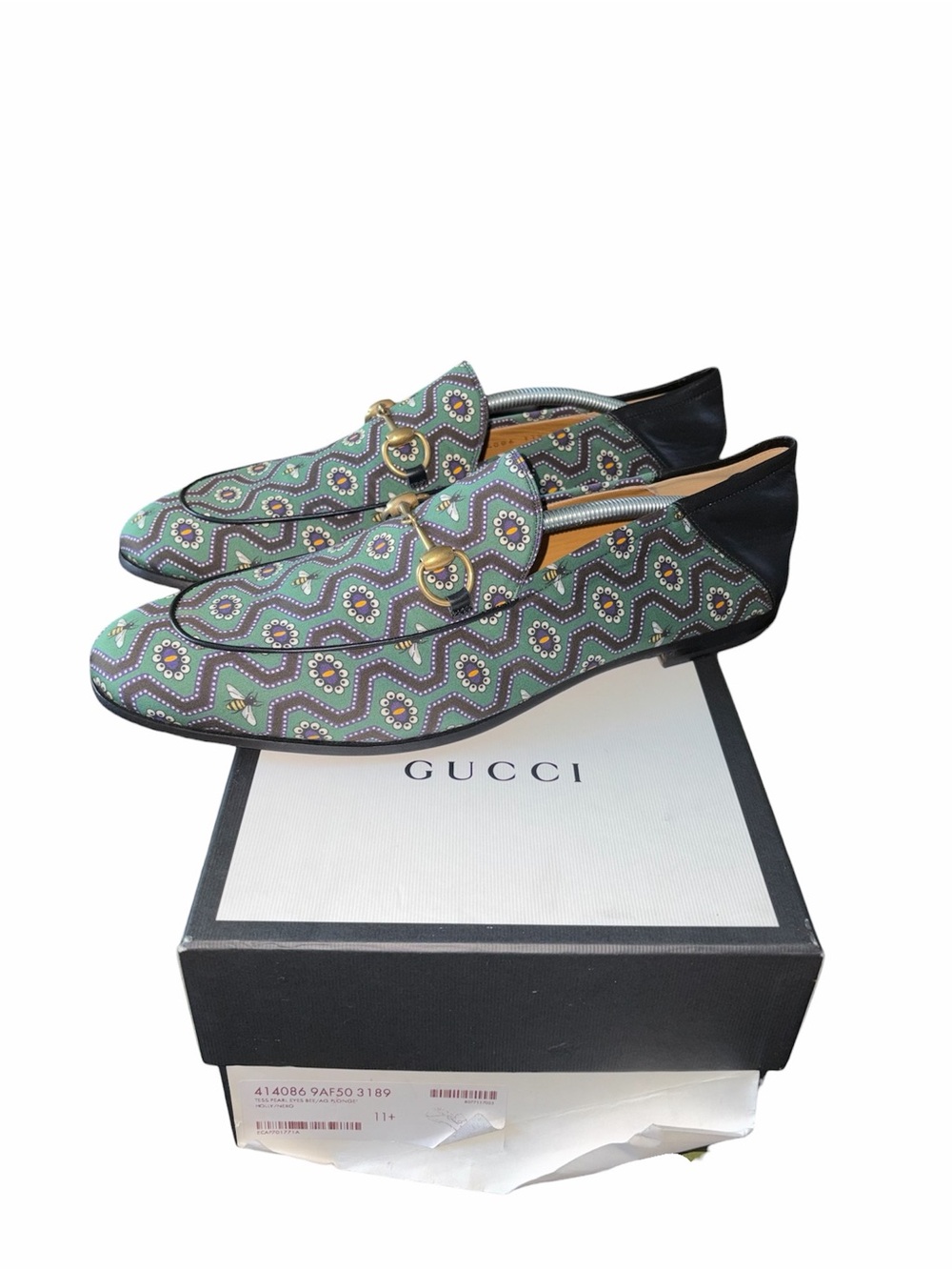 Gucci Canvas Bees Print Horsebit Brixton Loafers Green size 11.5